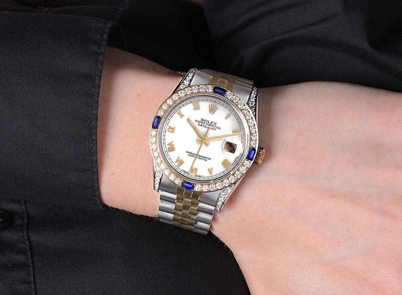 Women's Rolex Datejust White Roman Dial Sapphire/Diamond Bezel Two Tone Watch For Sale