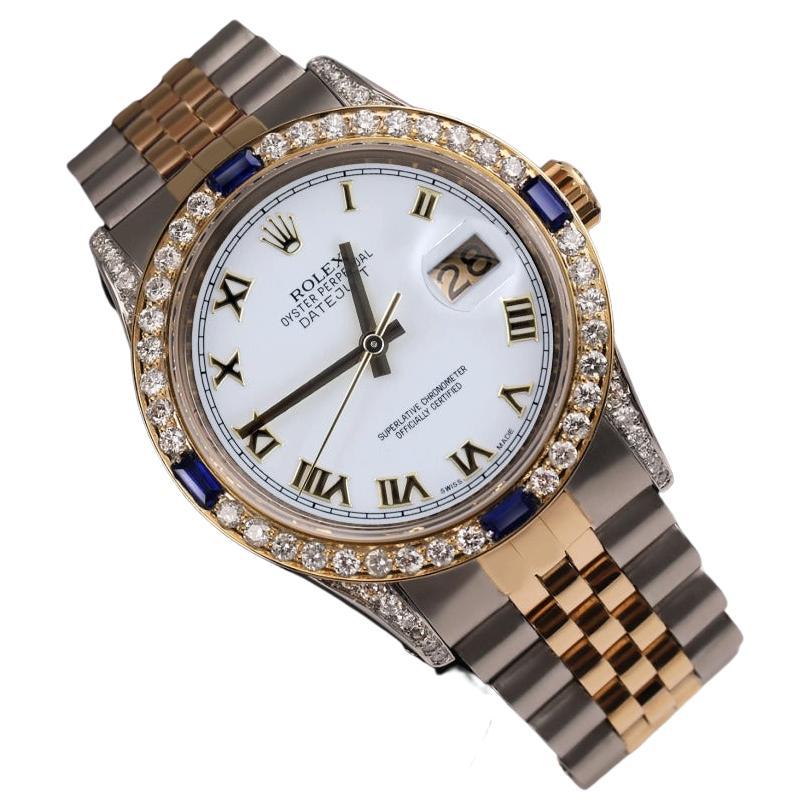 Rolex Datejust White Roman Dial Two Tone 16013 Watch with Blue Sapphires For Sale