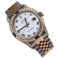 Rolex Datejust White Roman Dial Two Tone 16013 Watch with Blue Sapphires