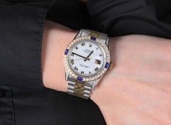 Rolex Datejust White Roman Dial Two Tone Watch with Blue Sapphires