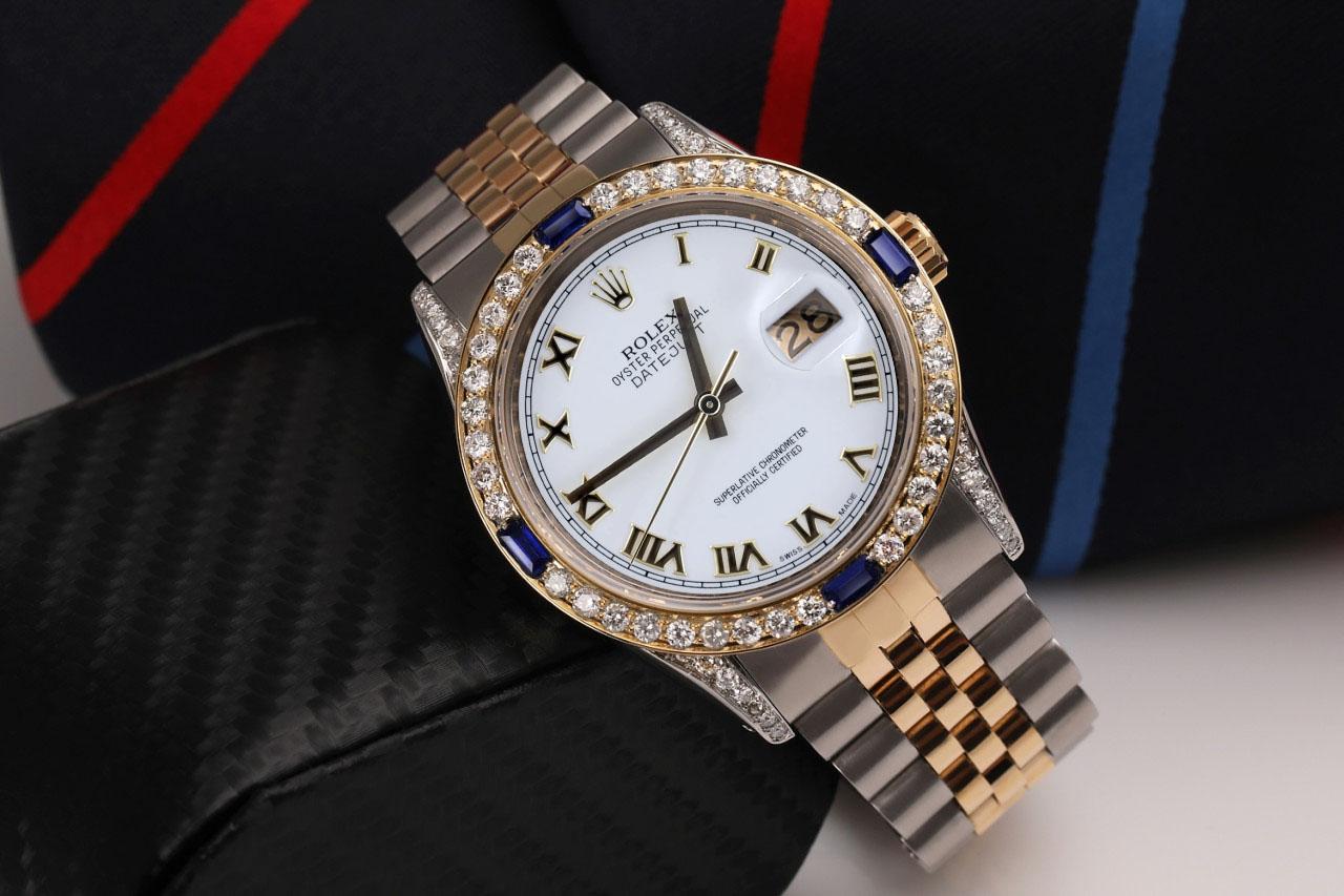 Round Cut Rolex Datejust White Roman Dial Two Tone Watch with Blue Sapphires  For Sale