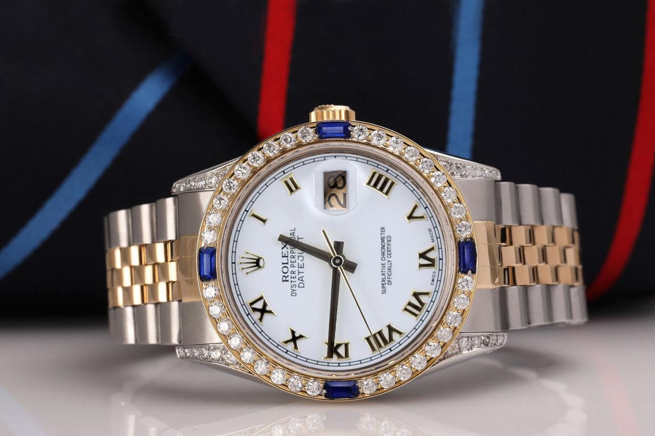 Rolex Datejust White Roman Dial Two Tone Watch with Blue Sapphires  In Excellent Condition For Sale In New York, NY