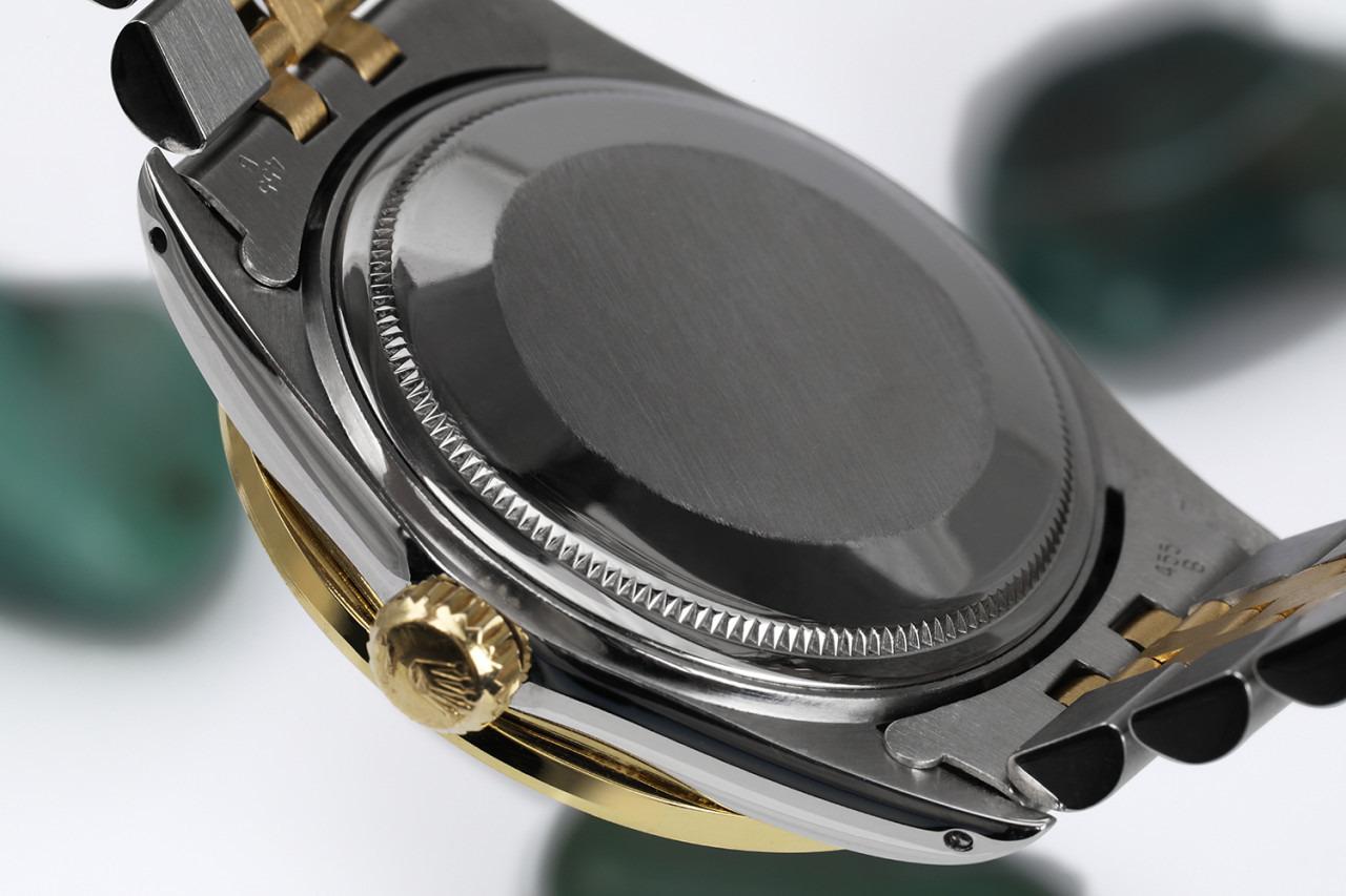 Rolex 36mm Datejust White Roman Dial with Diamond Lugs & Diamond/Emerald Bezel Two Tone Watch 16013
