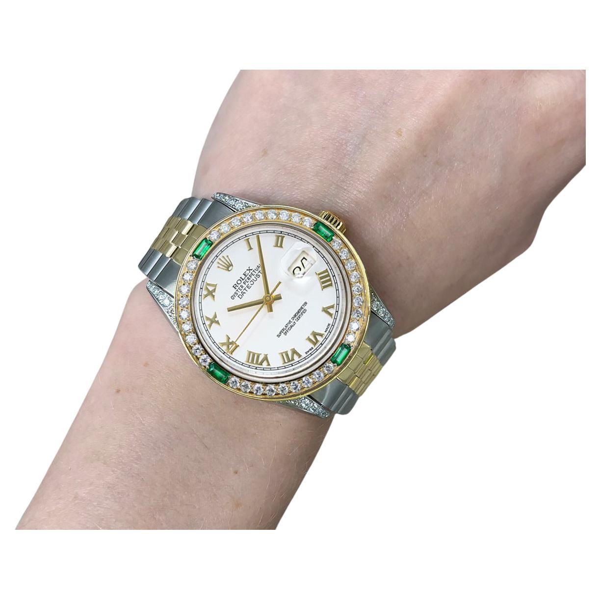 Rolex Datejust Esfera Romana Blanca con Tacos de Diamantes y Bisel de Diamantes/Esmeraldas