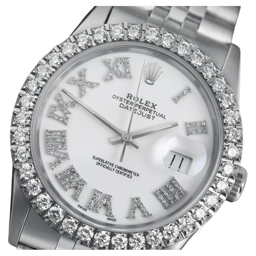 Rolex Montre Datejust pour hommes avec lunette en diamant et cadran romain en diamants blancs en vente