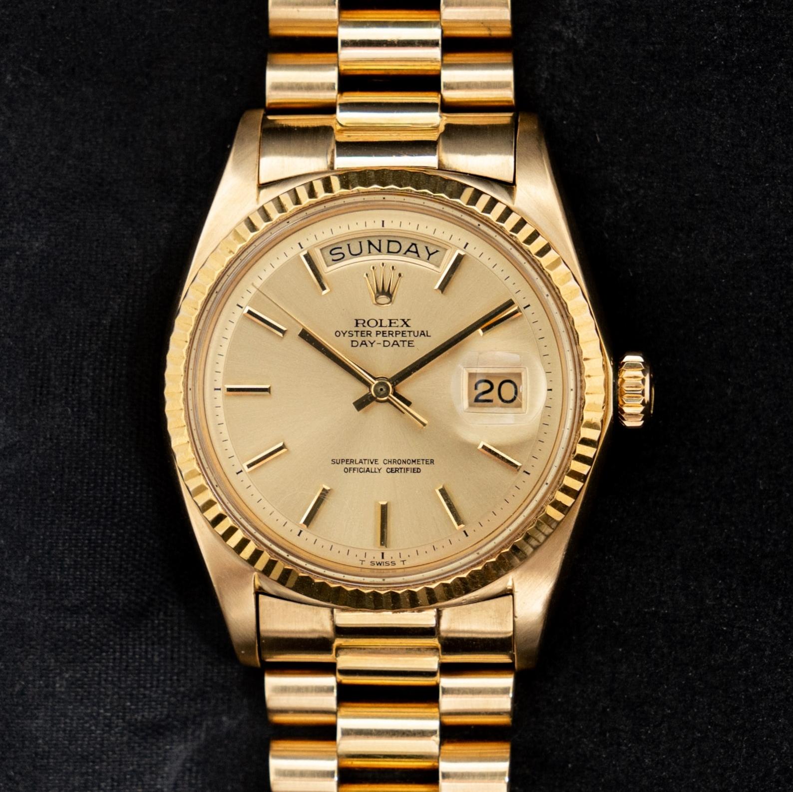 Rolex 36 mm Day-Date 18K Gelbgold Champagner-Zifferblatt 1803 Automatikuhr, 1970 im Zustand „Gut“ in Central & Western District, HK