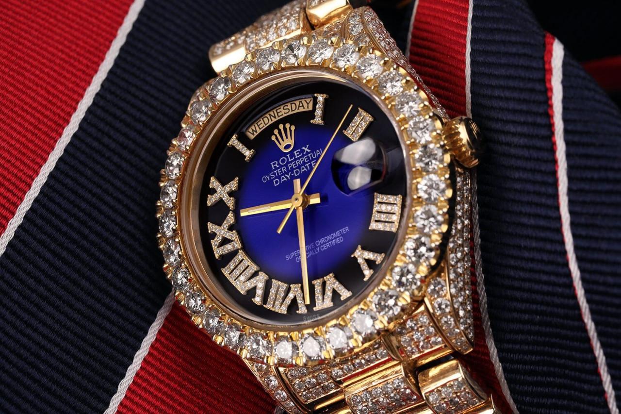 Rolex 36mm DayDate Blue Vignette Roman Diamond Dial Custom Watch 18038
