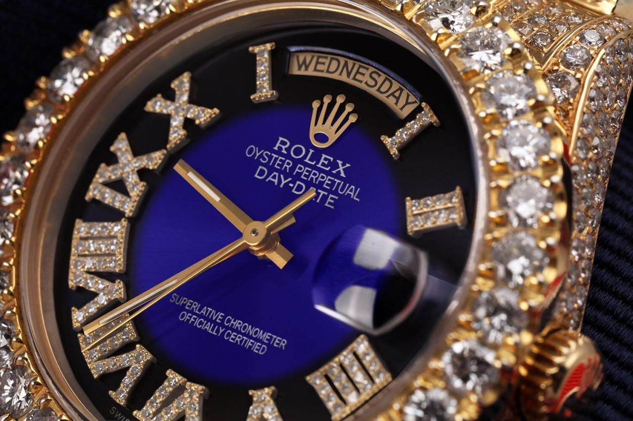 Round Cut Rolex DayDate Blue Vignette Roman Diamond Dial Custom Watch 18038 For Sale