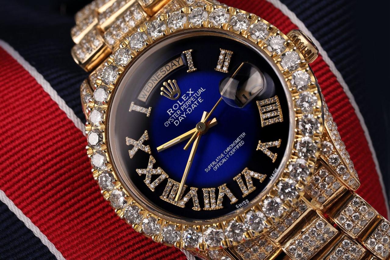 Rolex DayDate Blue Vignette Roman Diamond Dial Custom Watch 18038 In Excellent Condition For Sale In New York, NY