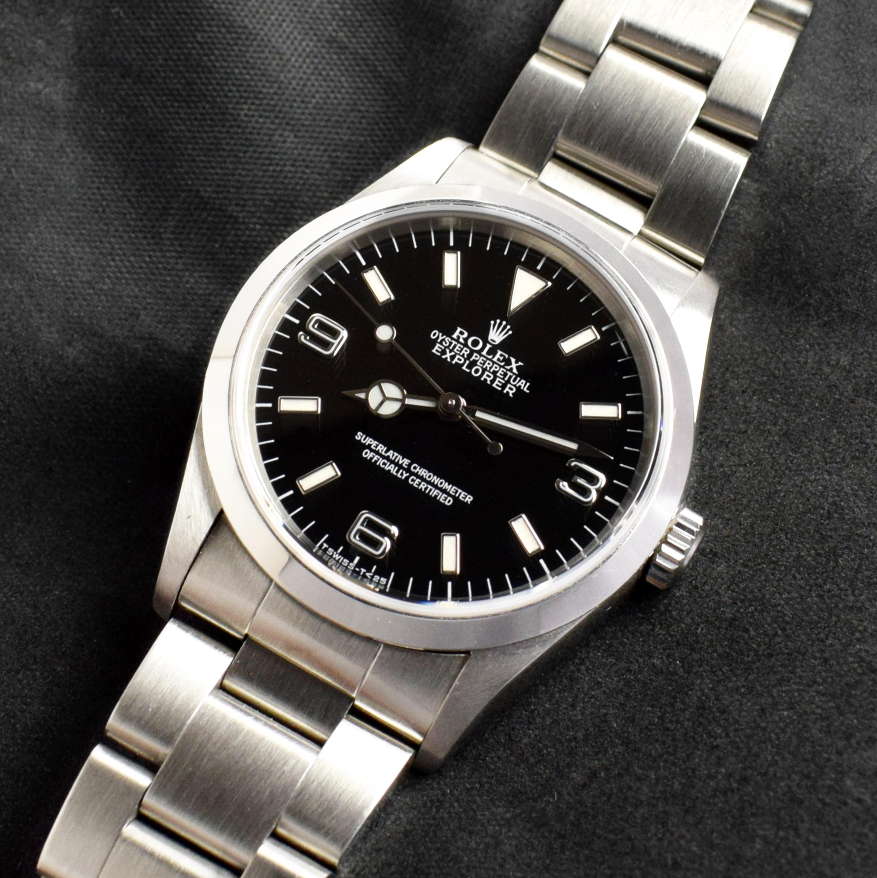 Brand: Rolex
Model: 14270
Year: 1997
Serial number: U3xxxxx
Reference: C03399
Case: Shows sign of wear with slight polish from previous; inner case back stamped 14270
Dial: Excellent Condition black tritium T<25 dial w/ luminova hands
Bracelet: