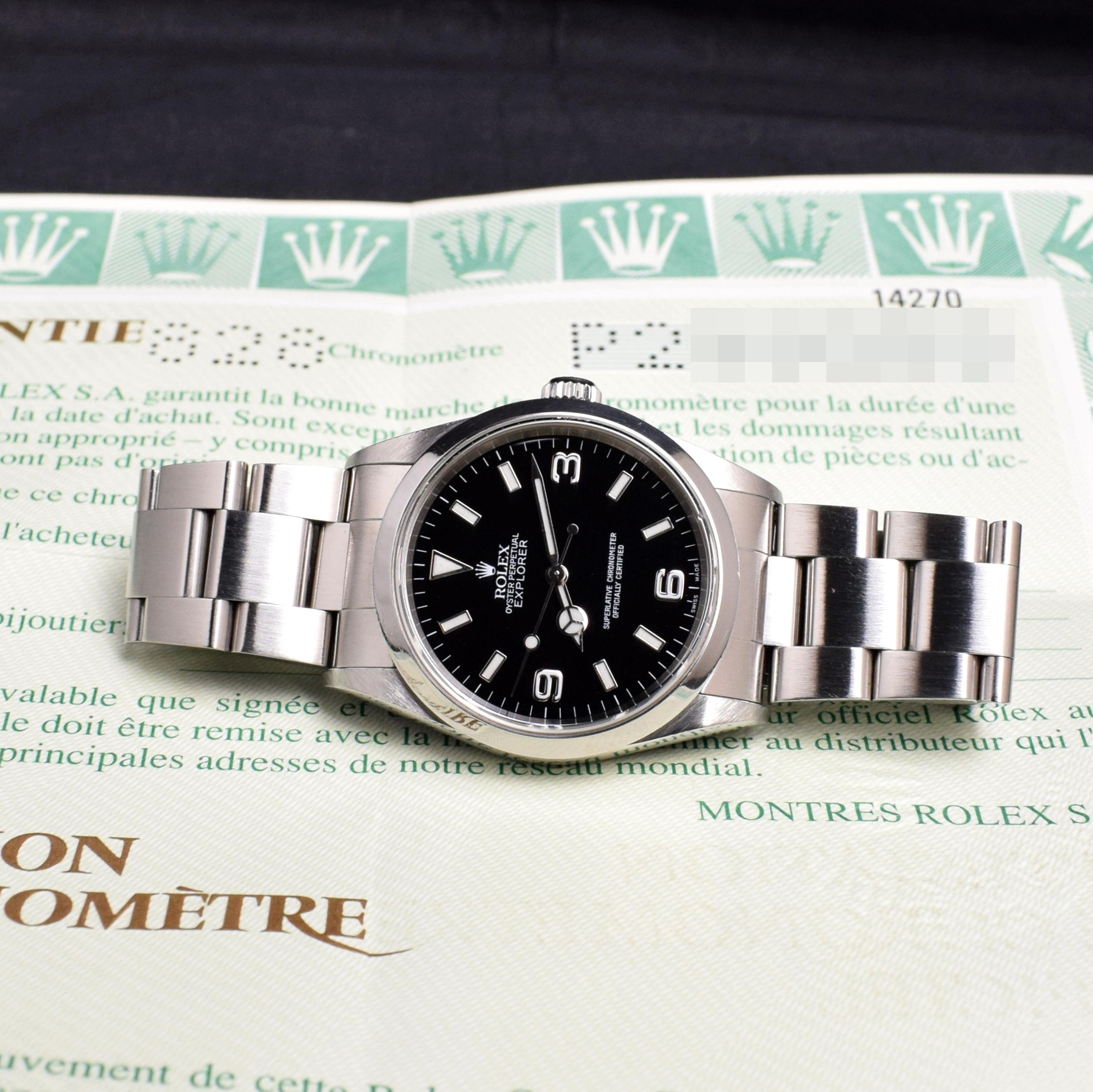 Brand: Rolex
Model: 14270
Year: 2000
Serial number: P2xxxxx
Reference: C03460
Case: Shows sign of wear with slight polish from previous; inner case back stamped 2080
Dial: Excellent Condition black “Swiss” dial w/ matching hands
Bracelet: 78790