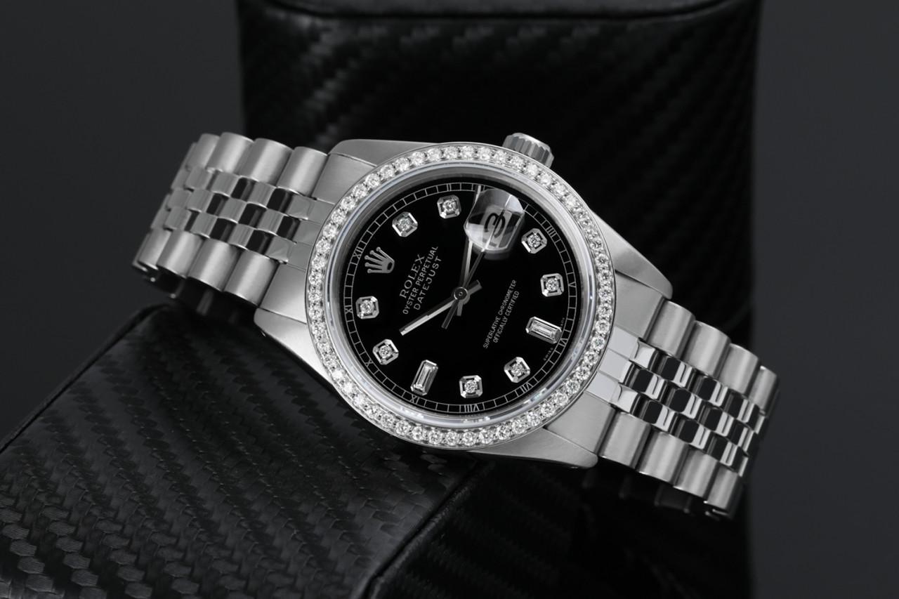 Rolex Oyster Perpetual Datejust Armbanduhr mit schwarzem Zifferblatt und Diamant-Zifferblatt 16030 im Zustand „Hervorragend“ im Angebot in New York, NY