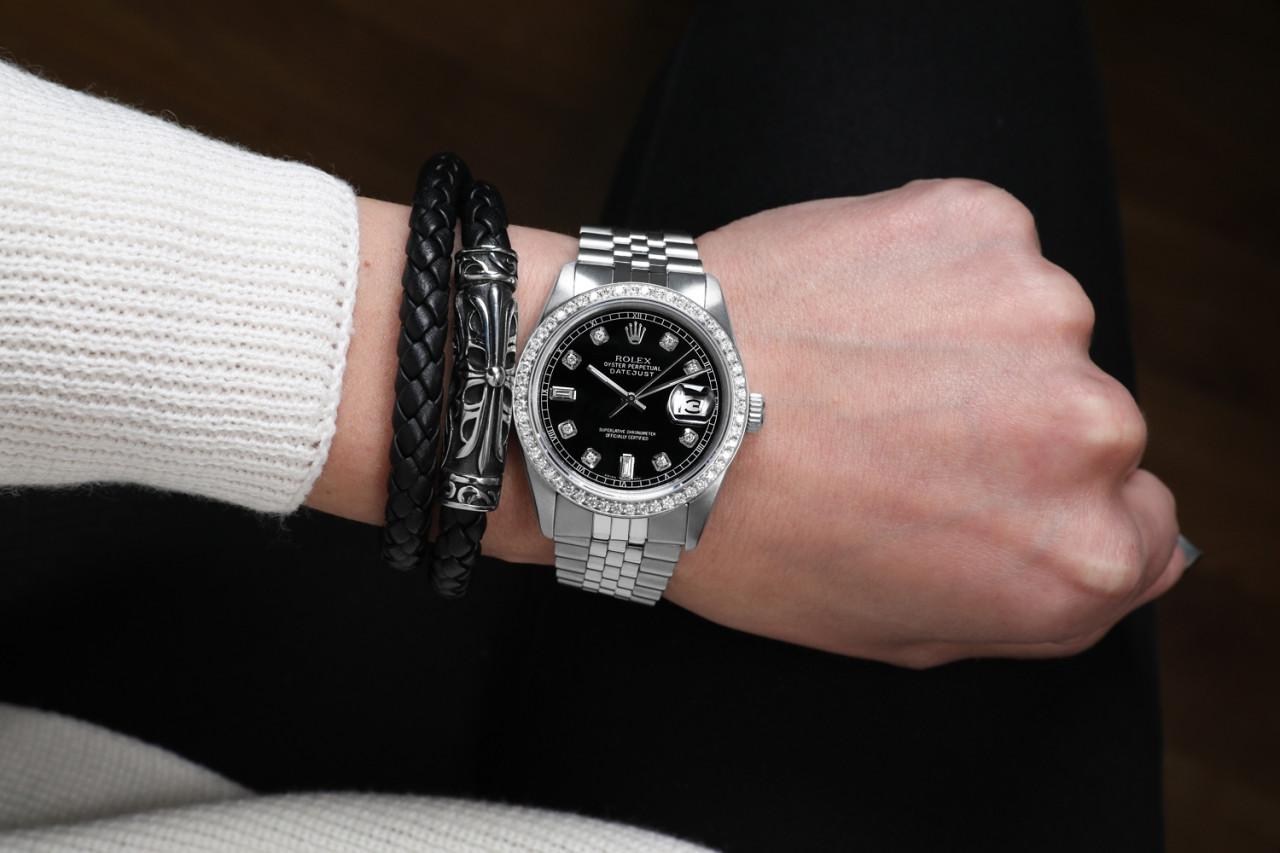 Rolex Oyster Perpetual Datejust Armbanduhr mit schwarzem Zifferblatt und Diamant-Zifferblatt 16030 im Angebot 1