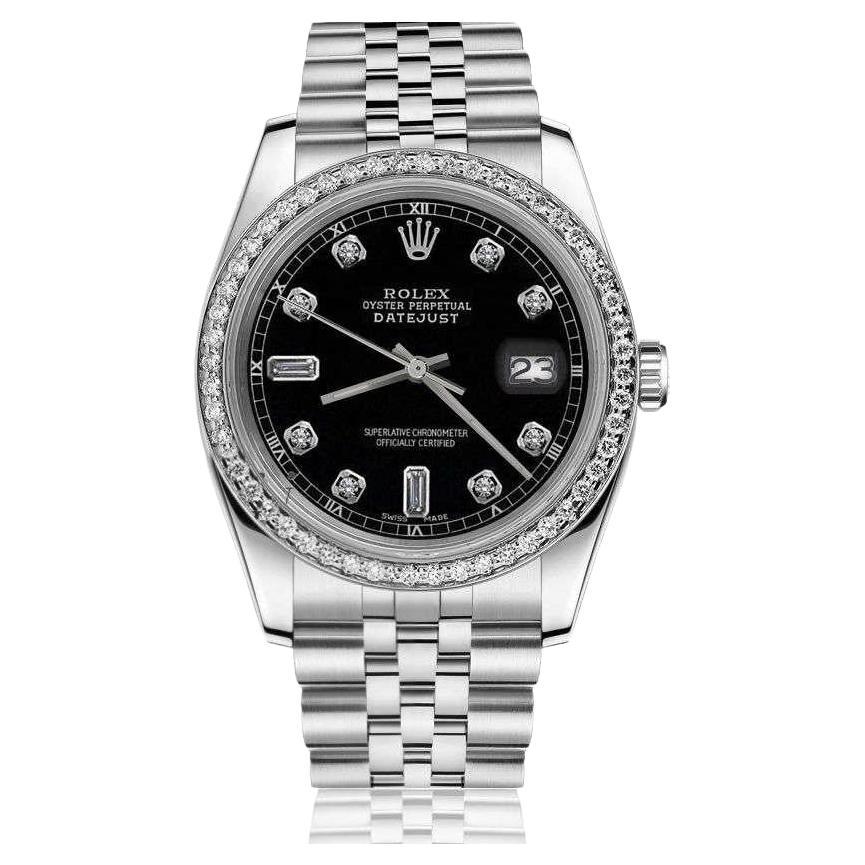 Rolex Oyster Perpetual Datejust Black Dial with Diamond Dial Watch 16030 For Sale
