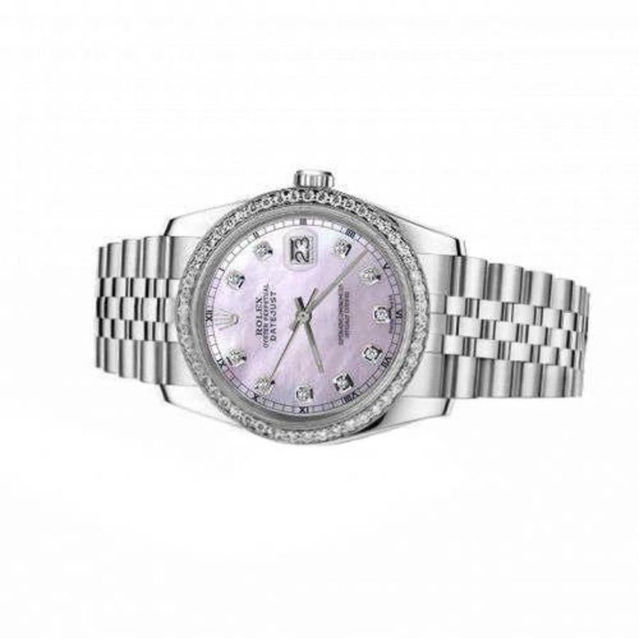 Rolex 36mm Oyster Perpetual Datejust Custom Set Diamond Bezel Pink Mother Of Pearl Diamond Dial Montre 16030
