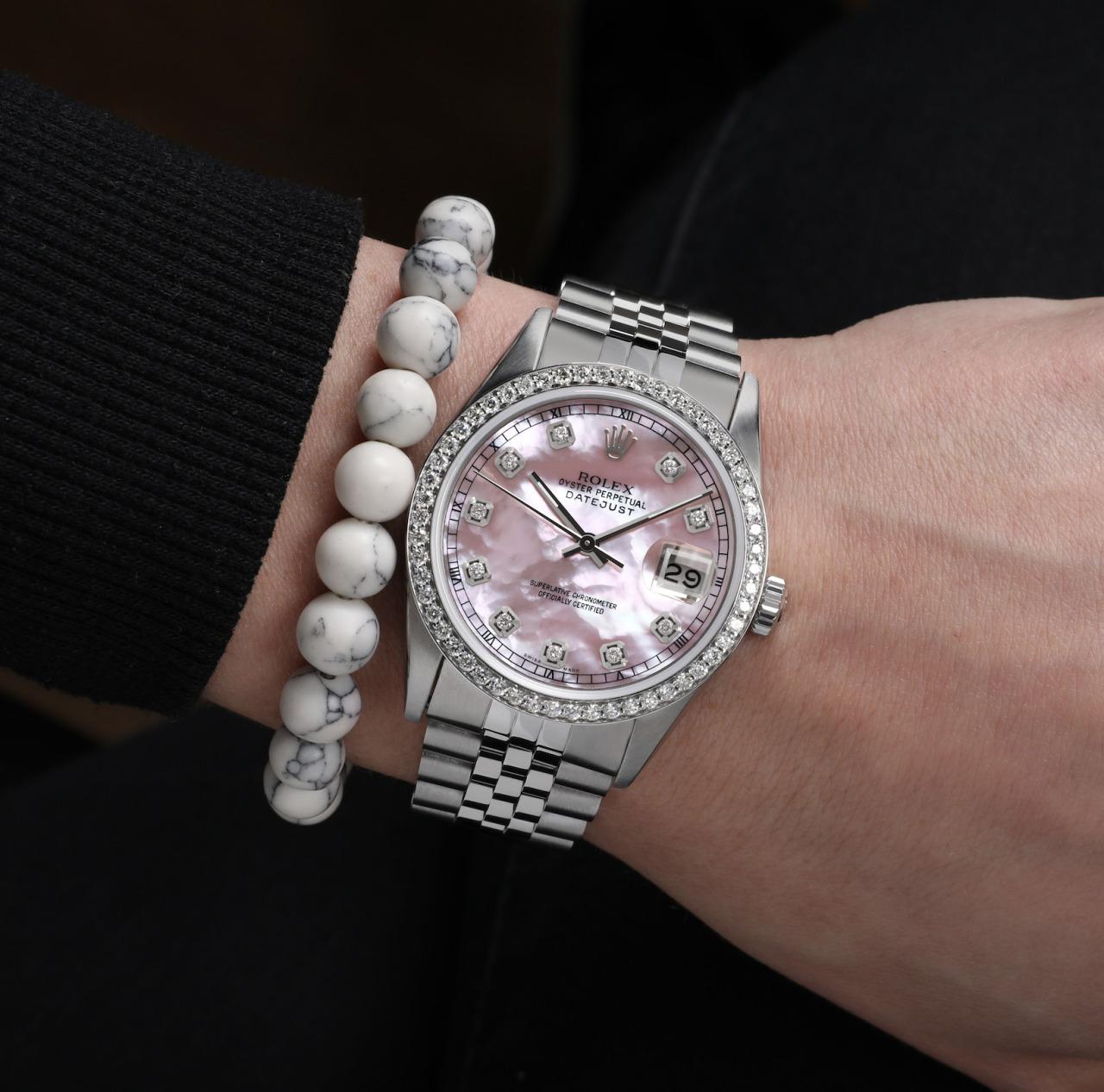 Round Cut Rolex Oyster Perpetual Datejust Custom Set Diamond Bezel Pink MOP Dial For Sale