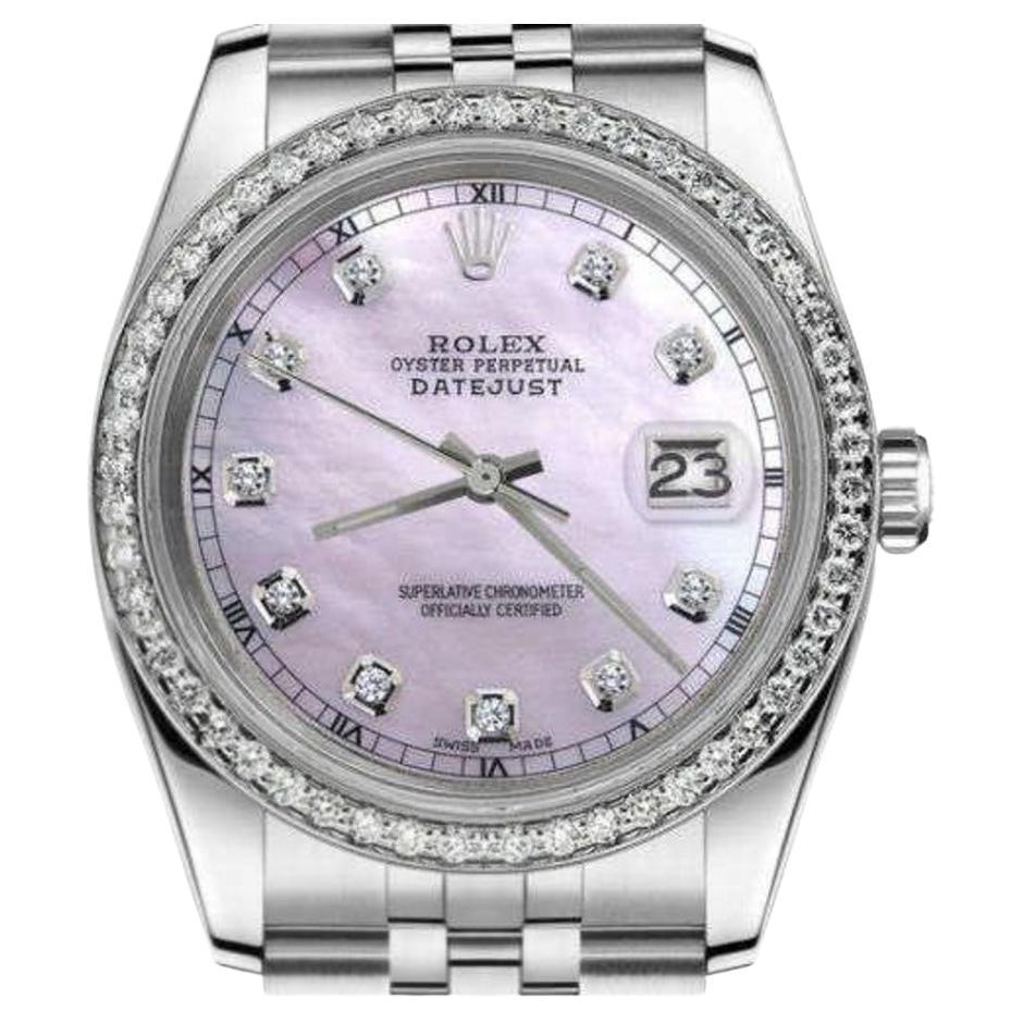 Rolex Montre Oyster Perpetual Datejust avec lunette en diamants et cadran MOP rose, serti sur mesure
