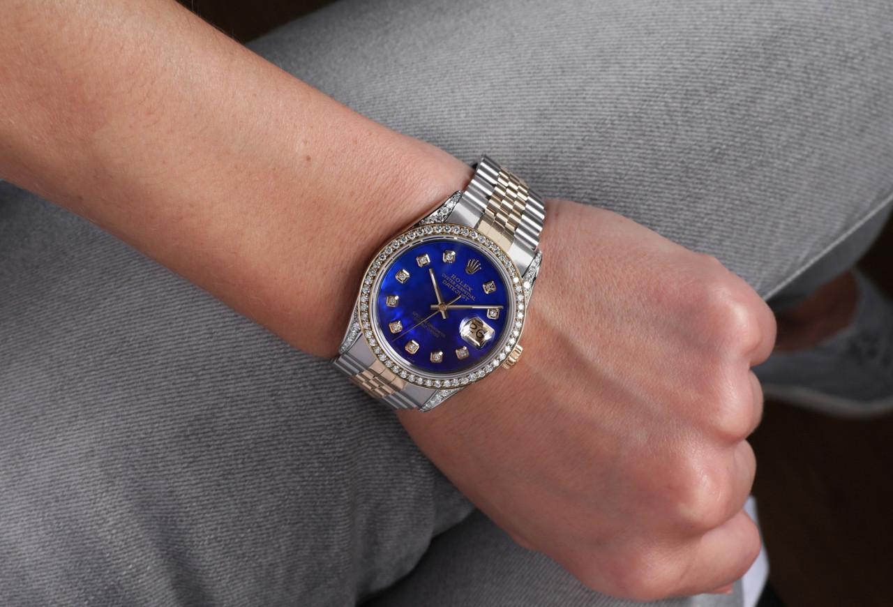 Montre Rolex Oyster Perpetual Datejust avec lunette en diamant et cadran bleu MOP 16013 en vente 5
