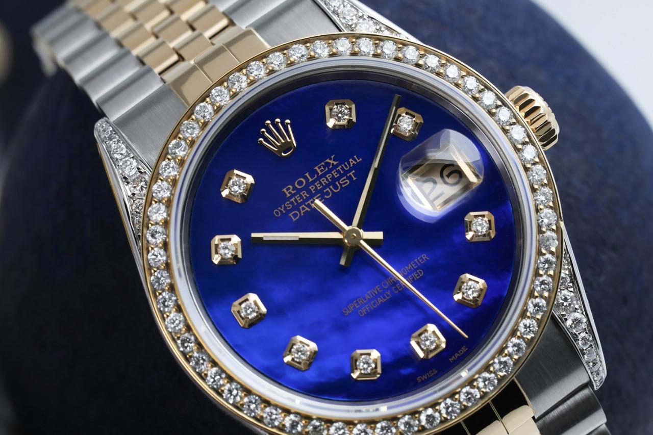 Rolex Oyster Perpetual Datejust Diamond Bezel & Lugs Blue MOP Dial Watch 16013 In Excellent Condition For Sale In New York, NY