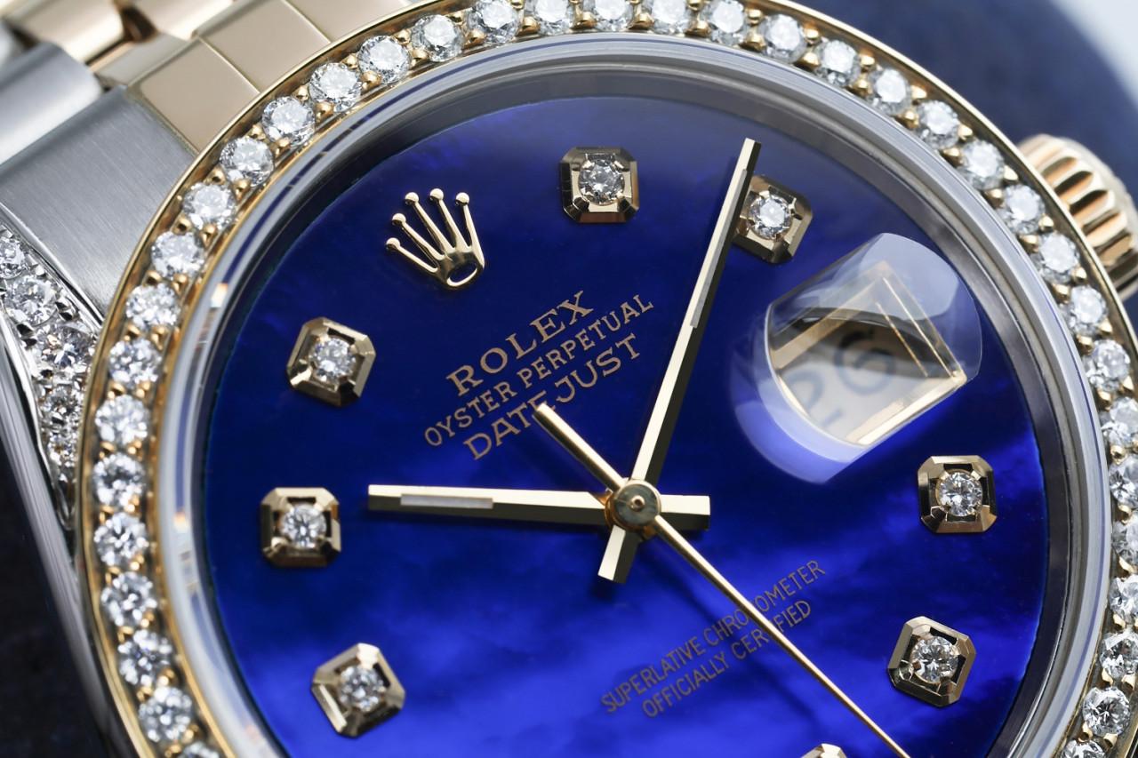 Men's Rolex Oyster Perpetual Datejust Diamond Bezel & Lugs Blue MOP Dial Watch 16013 For Sale