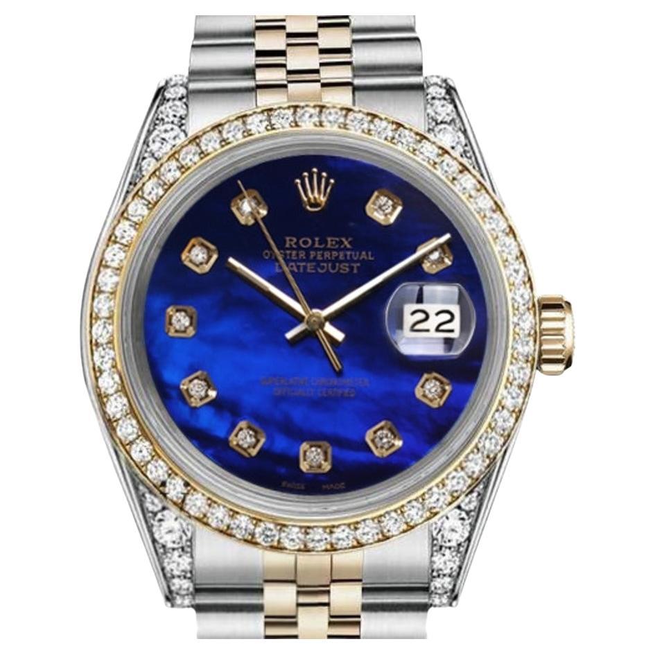 Montre Rolex Oyster Perpetual Datejust avec lunette en diamant et cadran bleu MOP 16013 en vente