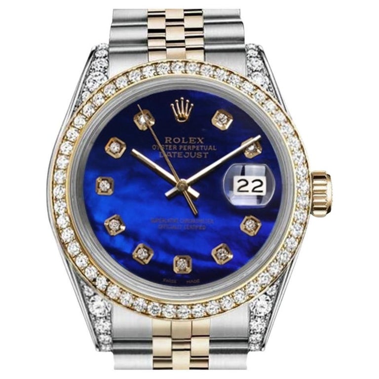 Rolex Oyster Perpetual Datejust Diamond Bezel and Lugs Blue MOP Dial Watch 16013 For Sale at 1stDibs