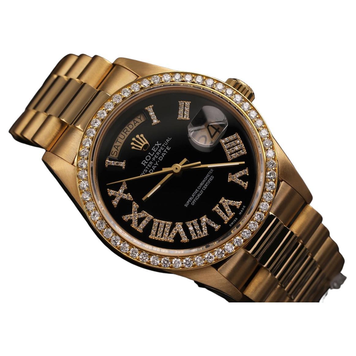 Rolex Presidential 18kt Gold Black Roman Diamond Numeral Dial Diamond Bezel For Sale