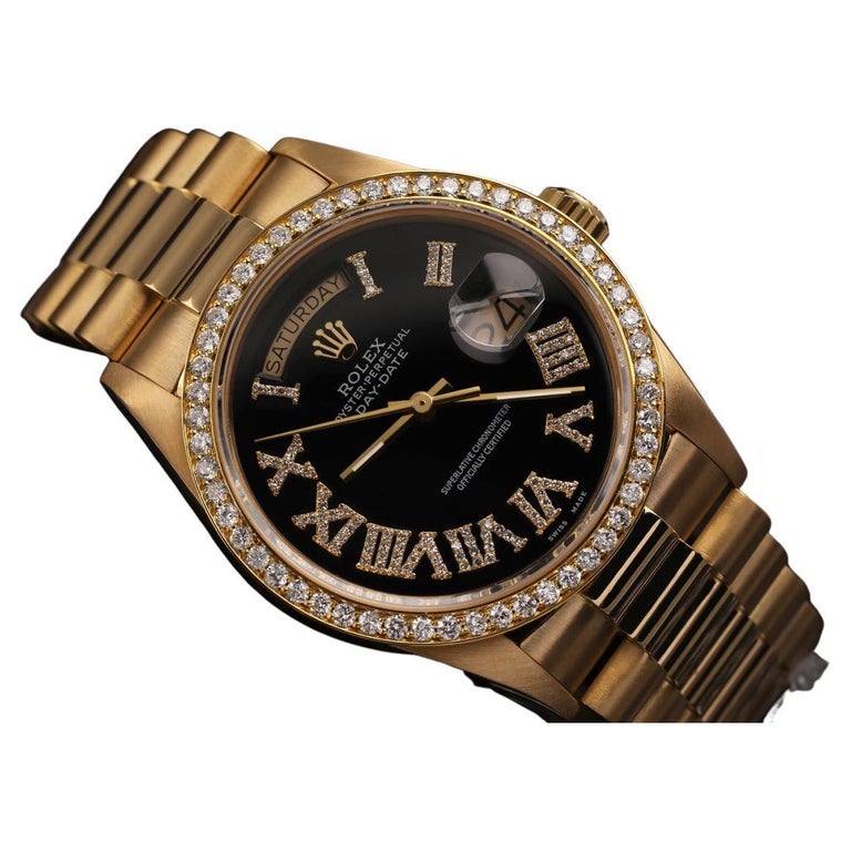 Rolex Montre présidentielle en or 18 carats avec cadran chiffres romains et  diamants noirs En vente sur 1stDibs