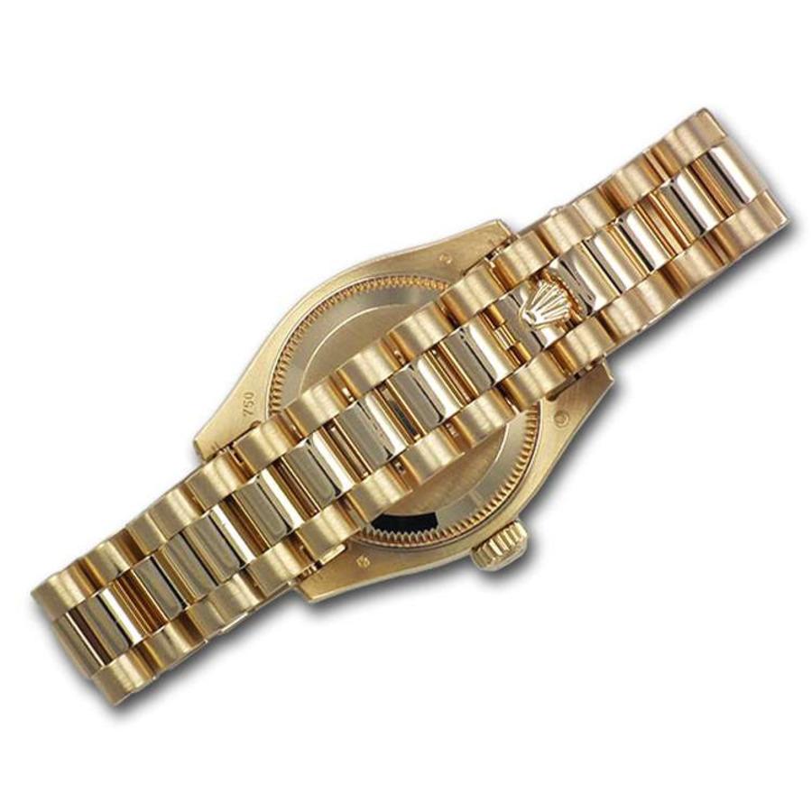 Round Cut Rolex Presidential 18kt Gold Black String Diamond Dial Diamond Bezel 18038 For Sale