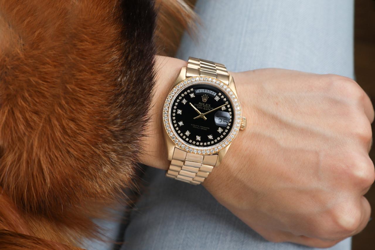 Rolex Montre présidentielle en or 18 carats avec cadran à cordes noires et lunette en diamant 18038 en vente 2