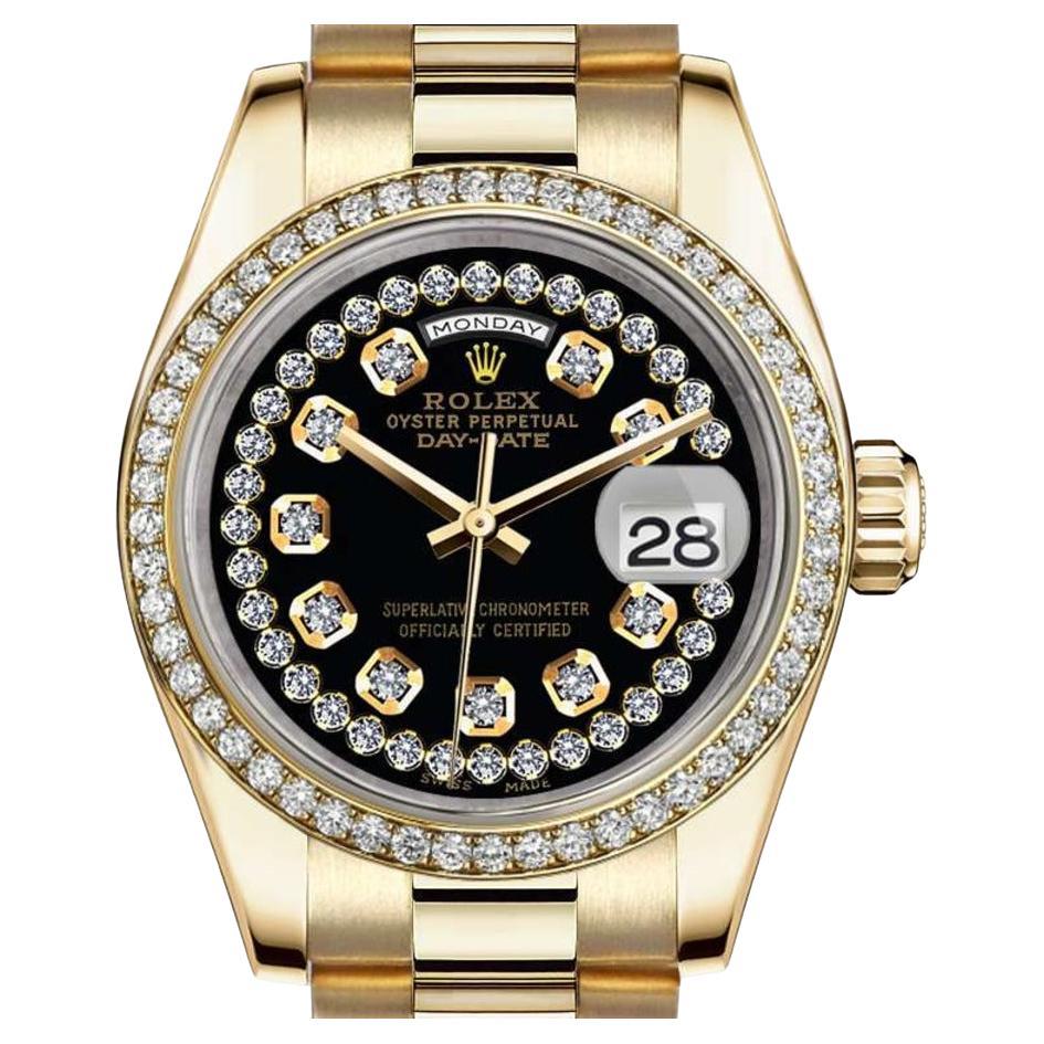 Rolex Montre présidentielle en or 18 carats avec cadran à cordes noires et lunette en diamant 18038