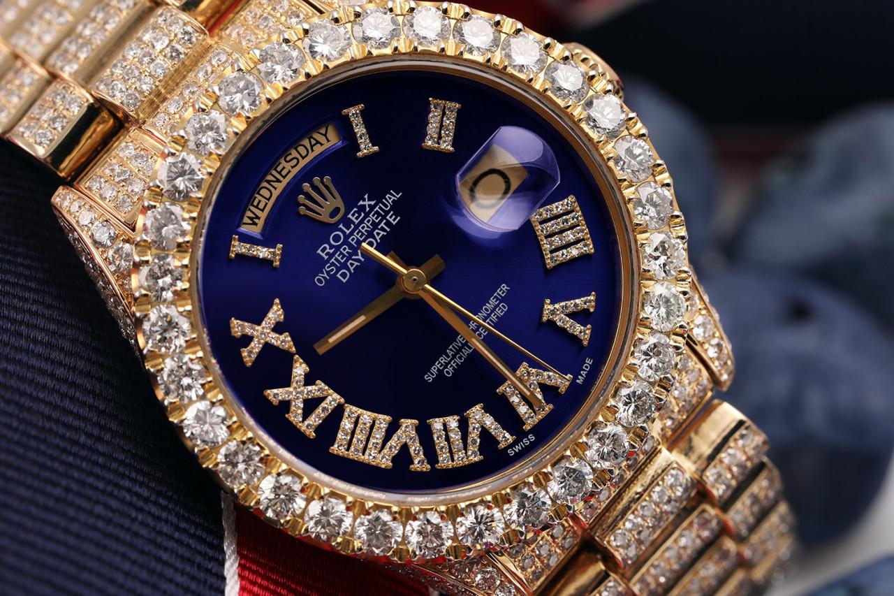 Rolex 36mm Presidential 18kt Gold Blue Roman Diamond Numeral Dial Fully Iced Out Watch 18038
