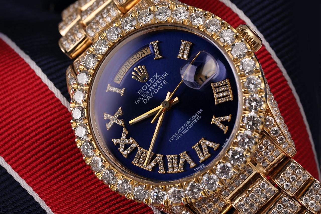 Round Cut Rolex Presidential 18kt Gold Blue Roman Diamond Numeral Dial Fully Iced Out For Sale