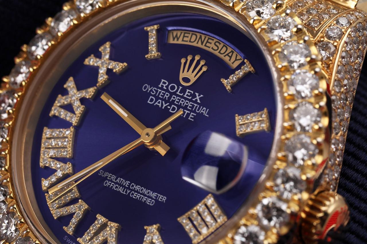 Rolex Presidential 18kt Gold Blue Roman Diamond Numeral Dial Fully Iced Out In Excellent Condition For Sale In New York, NY