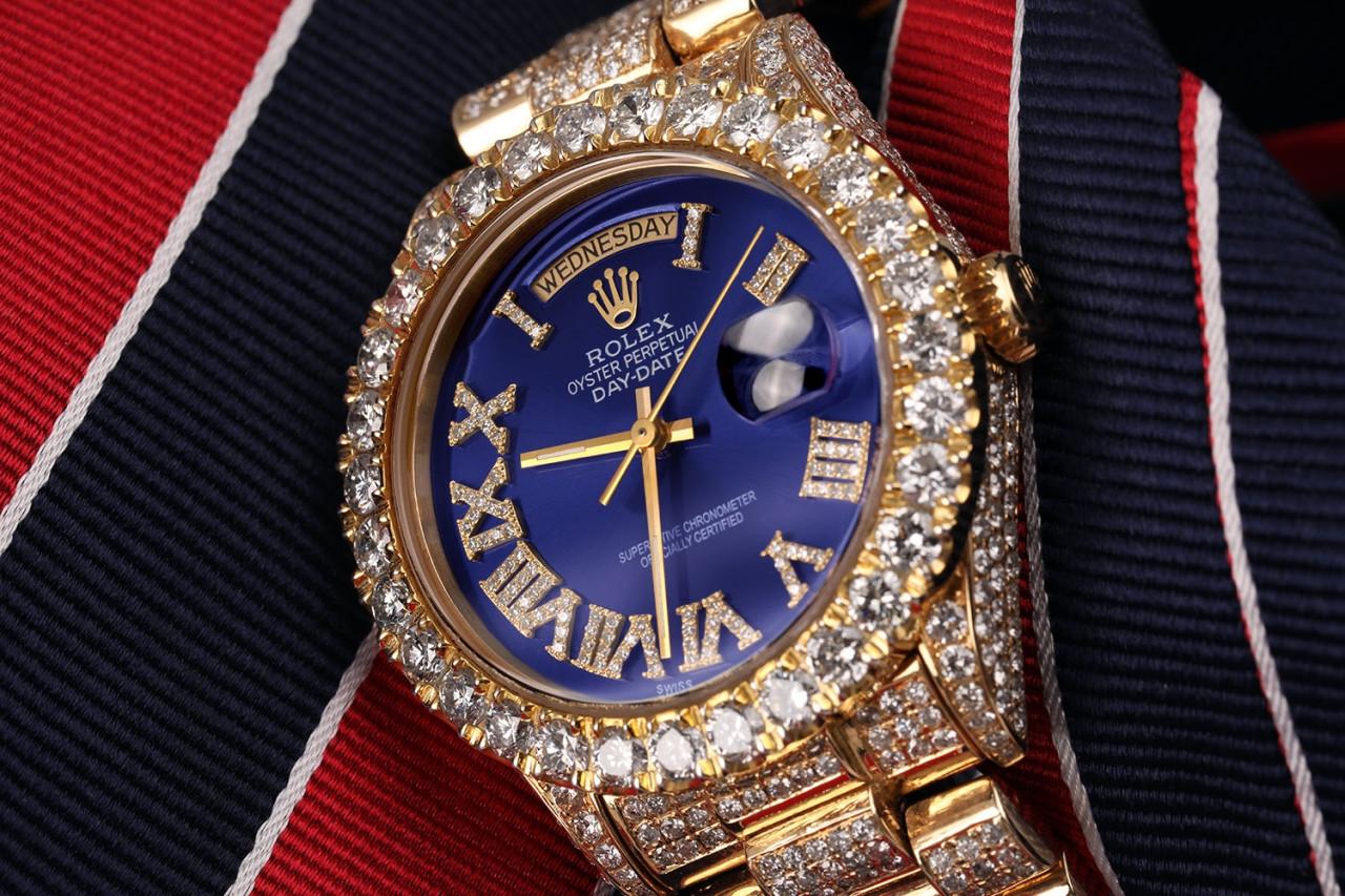 Men's Rolex Presidential 18kt Gold Blue Roman Diamond Numeral Dial Fully Iced Out For Sale
