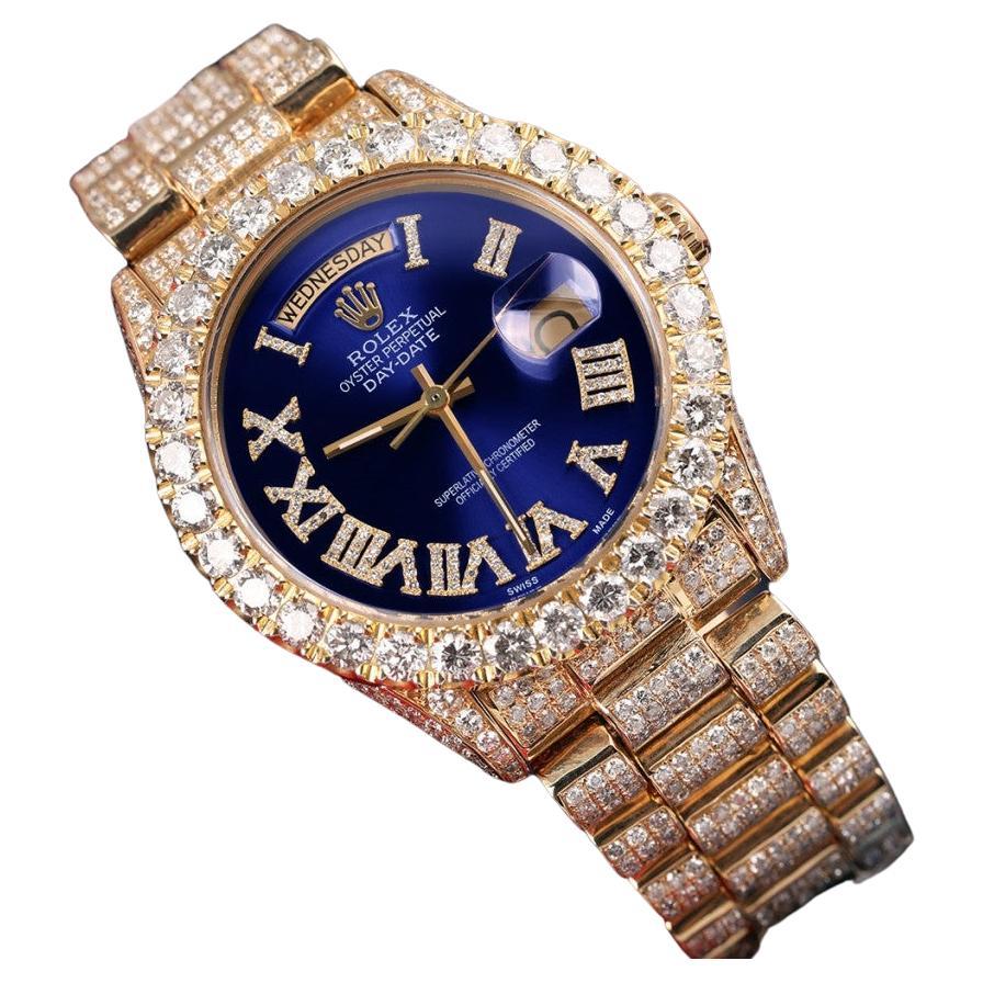 Rolex Presidential 18kt Gold Blue Roman Diamond Numeral Dial Fully Iced Out For Sale