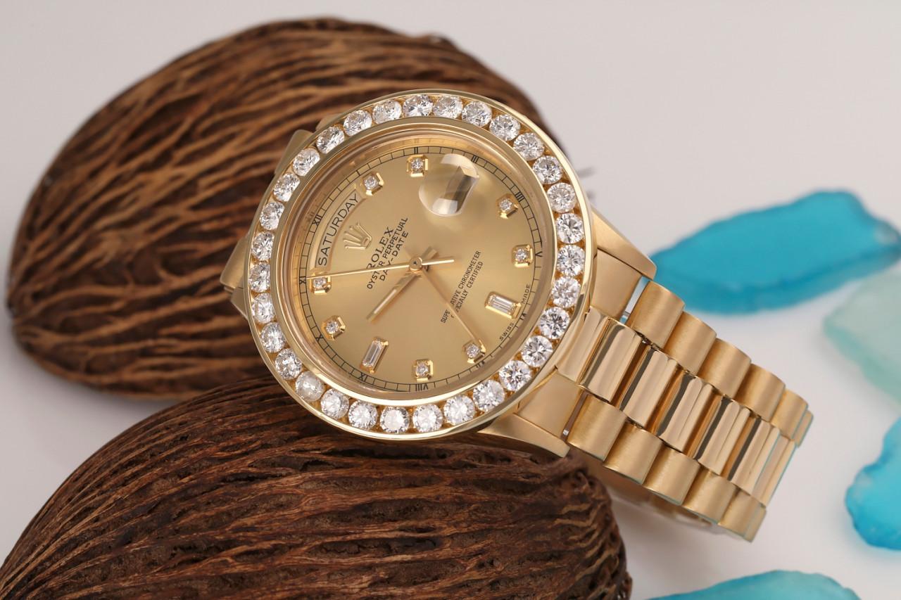Rolex Presidential 18kt Gold Champagne Baguette Diamond Dial Diamond Bezel In Excellent Condition For Sale In New York, NY