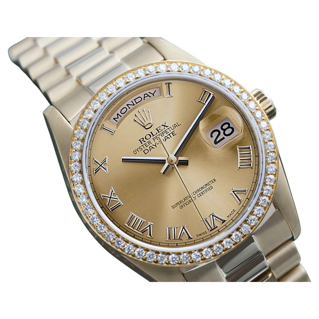 Rolex Montre présidentielle Roma en or 18 carats avec cadran champagne et lunette en diamant 18038 en vente