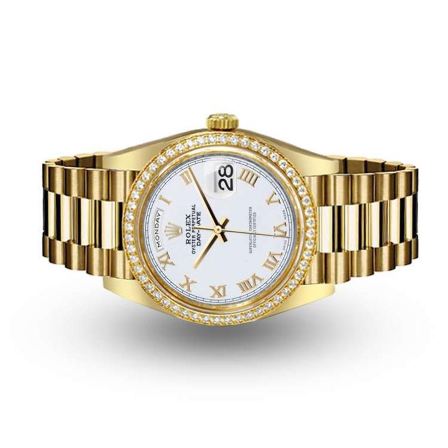 Rolex 36mm Presidential 18kt Gold Glossy White Color Roman Numeral Dial Diamond Bezel 18038

