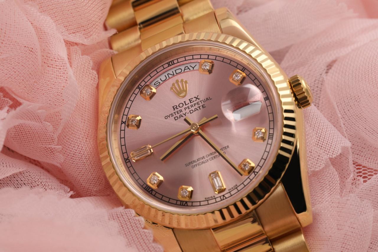Baguette Cut Rolex Presidential 18kt Gold Pink Baguette Diamond Dial Fluted Bezel 18038 For Sale