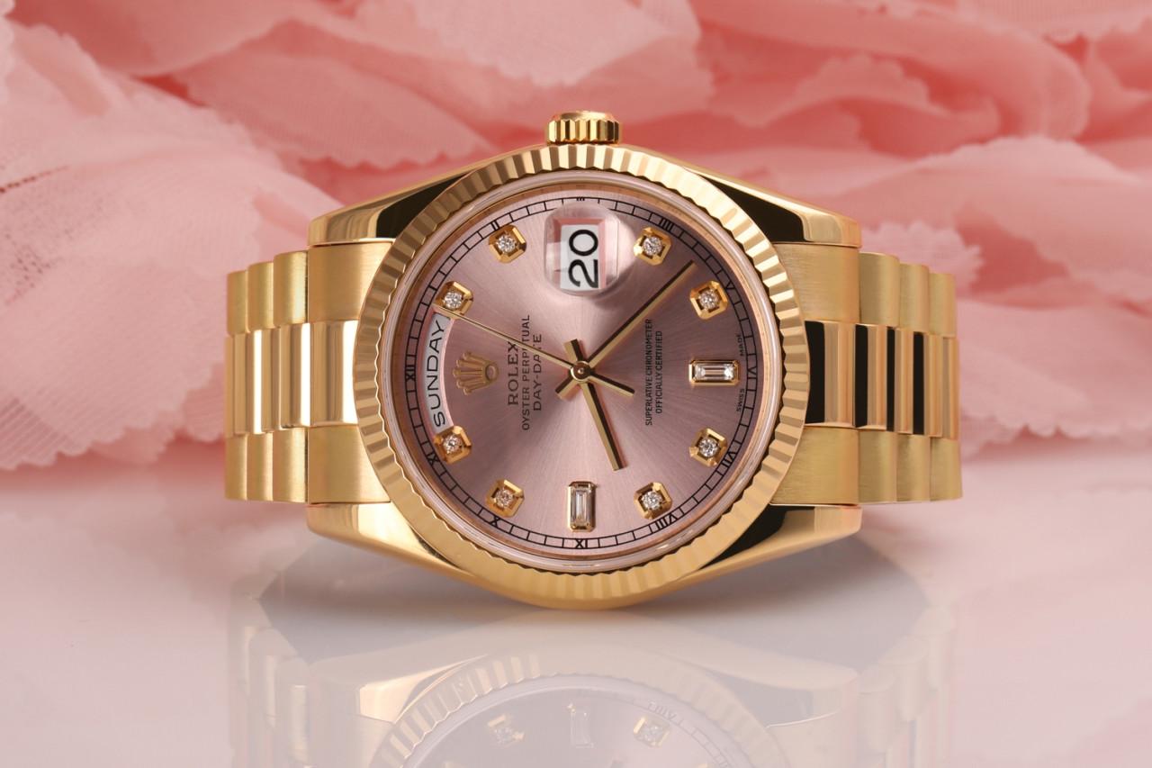 Rolex 36mm Presidential 18kt Gold Rosa Baguette-Diamant-Zifferblatt geriffelte Lünette 18038 im Angebot 1
