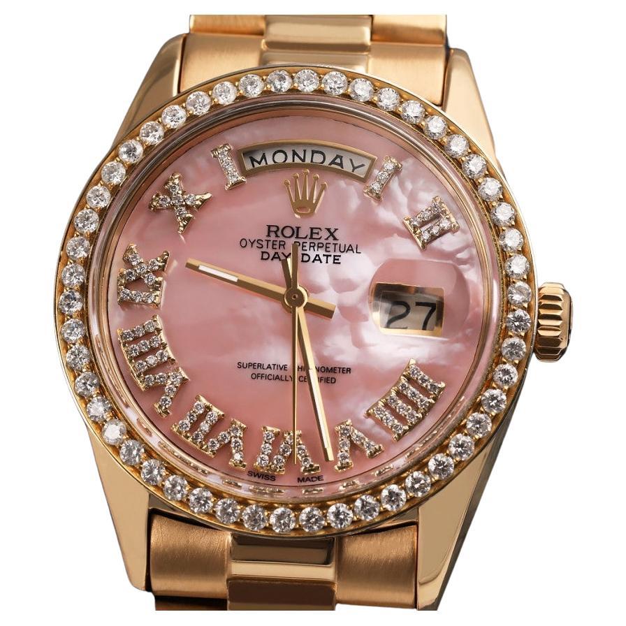 Rolex Presidential 18kt Gold Pink MOP Roman Diamond Numeral Dial Watch For Sale