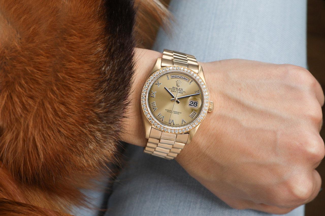 Rolex 36 mm Presidential 18kt Gold Uhr Champagner römisches Zifferblatt Diamant-Lünette (Rundschliff) im Angebot