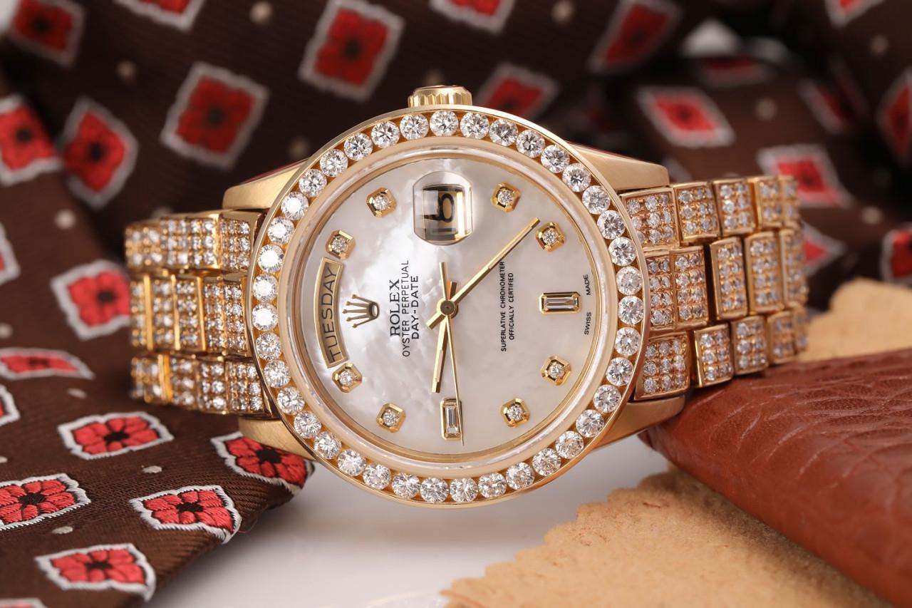 Rolex Presidential 18kt Gold White Mother of Pearl 8+2 Custom Diamond Watch In Excellent Condition For Sale In New York, NY