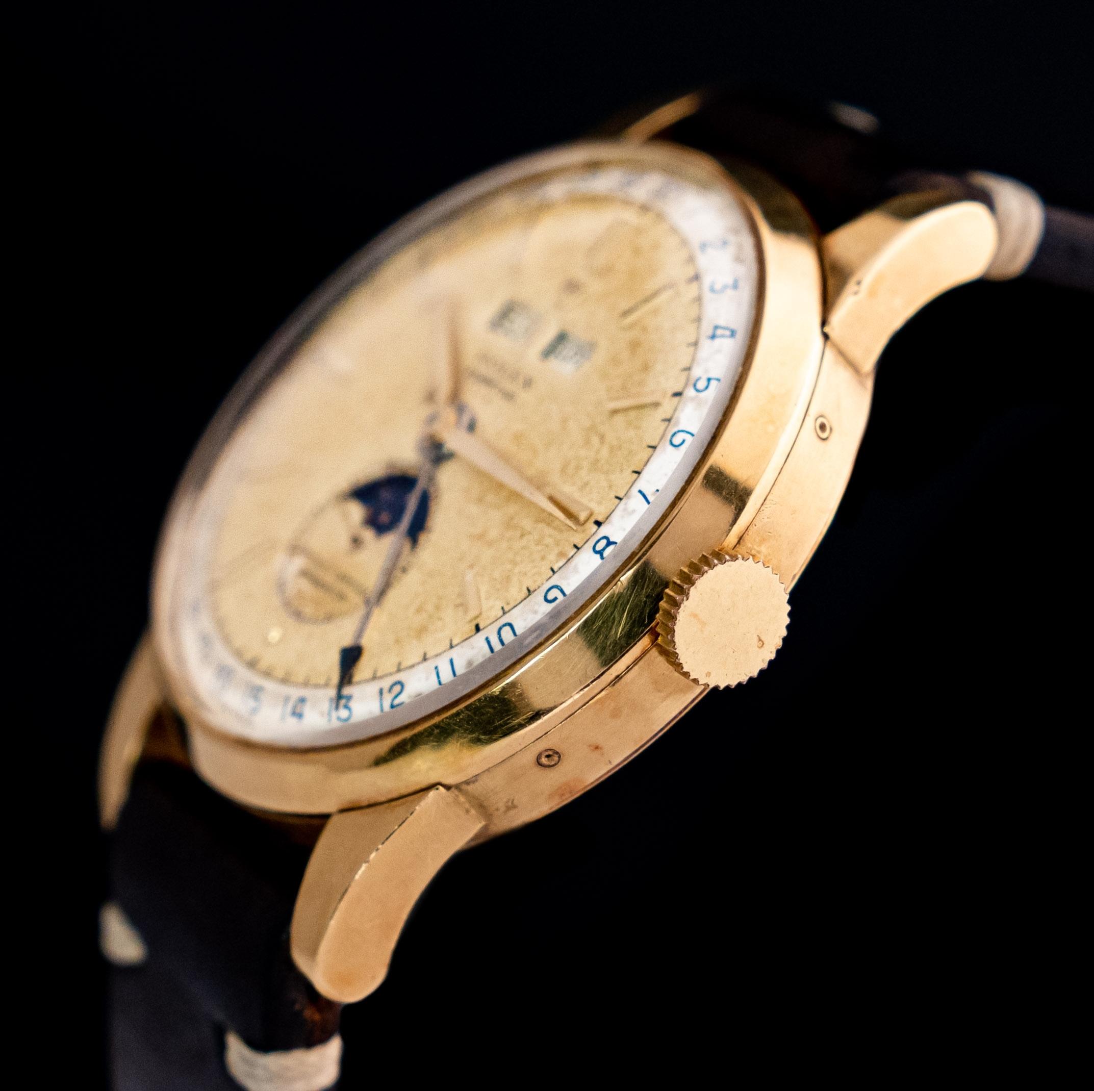 Rolex 38 mm Gelbgold Dreifachdatum Kalender Mond Phase 8171 Auto. Uhr, 1950 für Damen oder Herren im Angebot