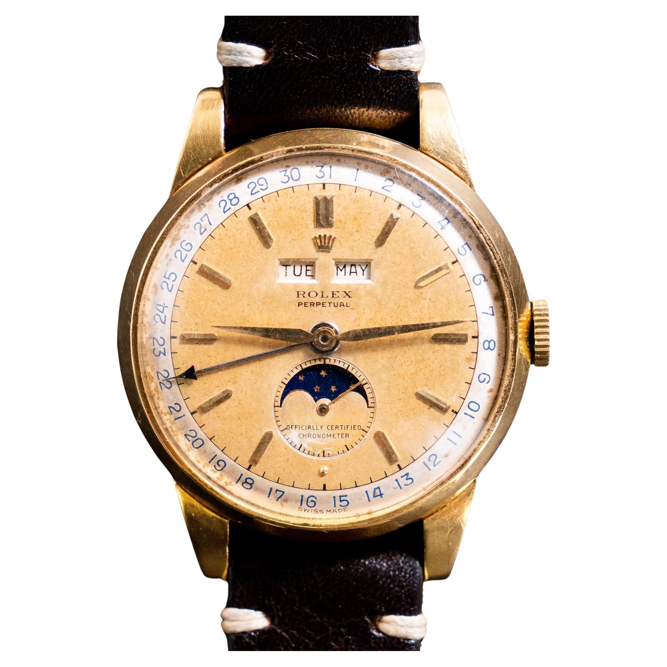 Rolex 38mm Yellow Gold Triple Date Calendar Moon Phase 8171 Auto. Watch, 1950 For Sale