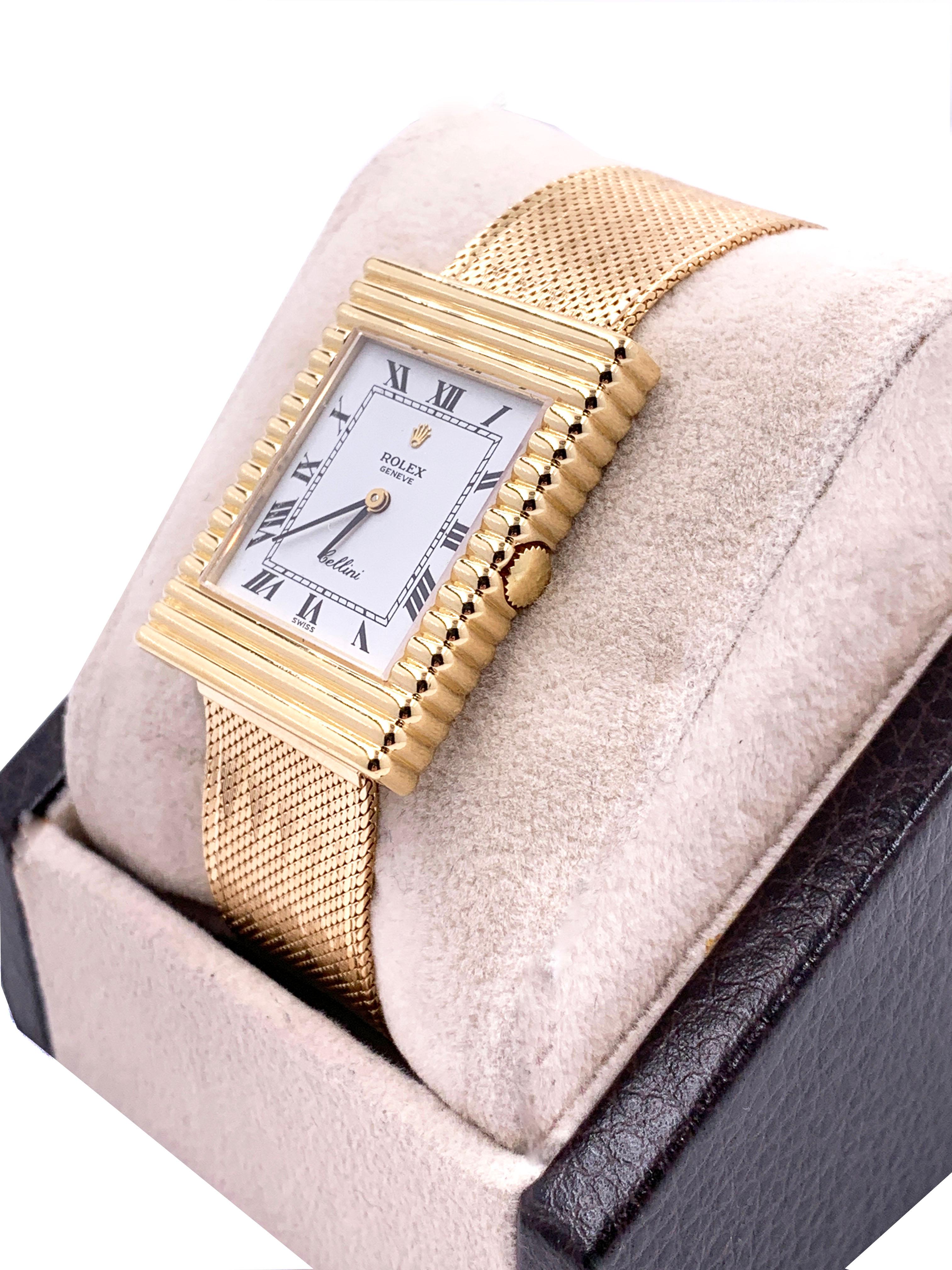 Style Number: 4012

 

Serial: 3839***



Model: Cellini

 

Case Material: 18K Yellow Gold 

 

Band: Custom 18K Yellow Gold 

 

Bezel:  18K Yellow Gold 

 

Dial: White 

 

Face: Sapphire Crystal 

 

Case Size: 30mm x 23mm 

 

Includes: