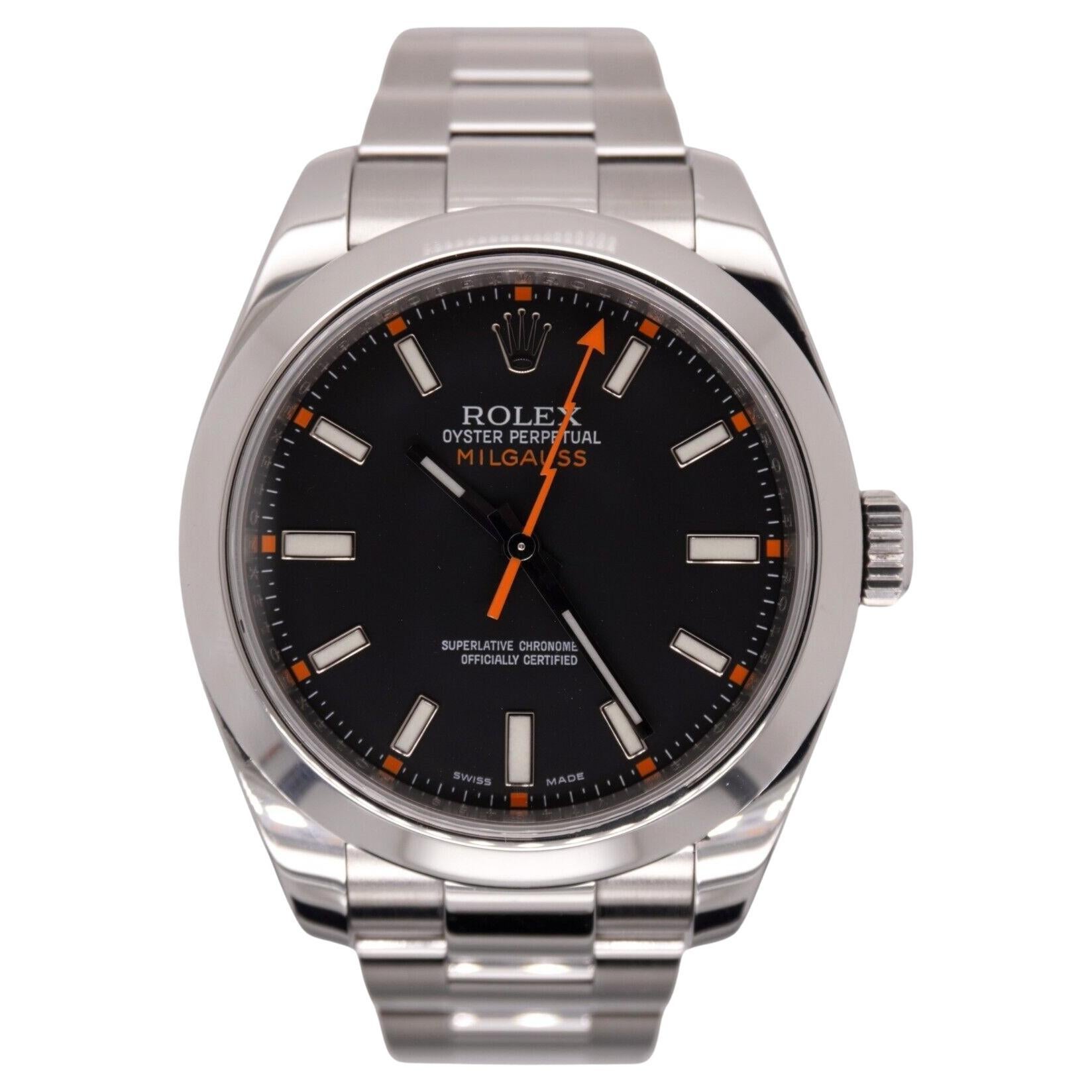Rolex 40mm Milgauss Men's Black Dial Steel Thunderbolt Watch BOX & PAPERS 116400 For Sale