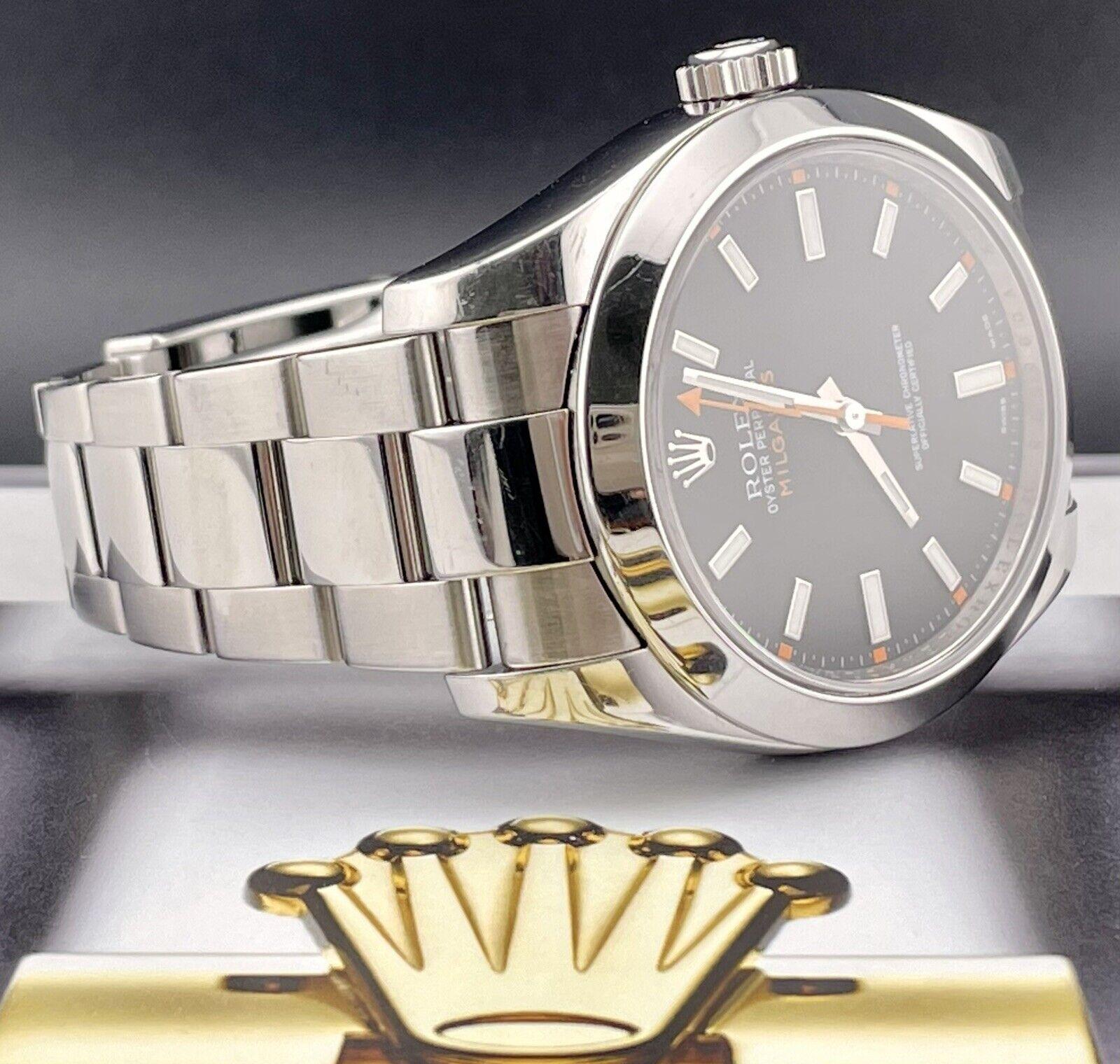 Rolex Oyster Perpetual Milgauss 40mm Watch. A Pre-owned watch w/ Gift Box. Watch is 100% Authentic and Comes with Authenticity Card. Watch Reference is 116400 and is in Good Condition (See Pictures, Needs Polish). The dial color is Black and