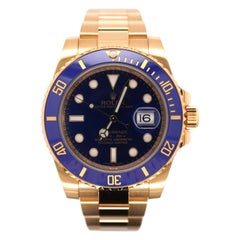 Rolex 40mm Submariner Date Watch 18K Yellow Gold Blue Ceramic Bezel 116618LB